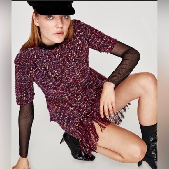 Zara Boucle High Low Peplum Top Short Sleeve Purple Multicolor Raw Edge Fringe S - Picture 1 of 13